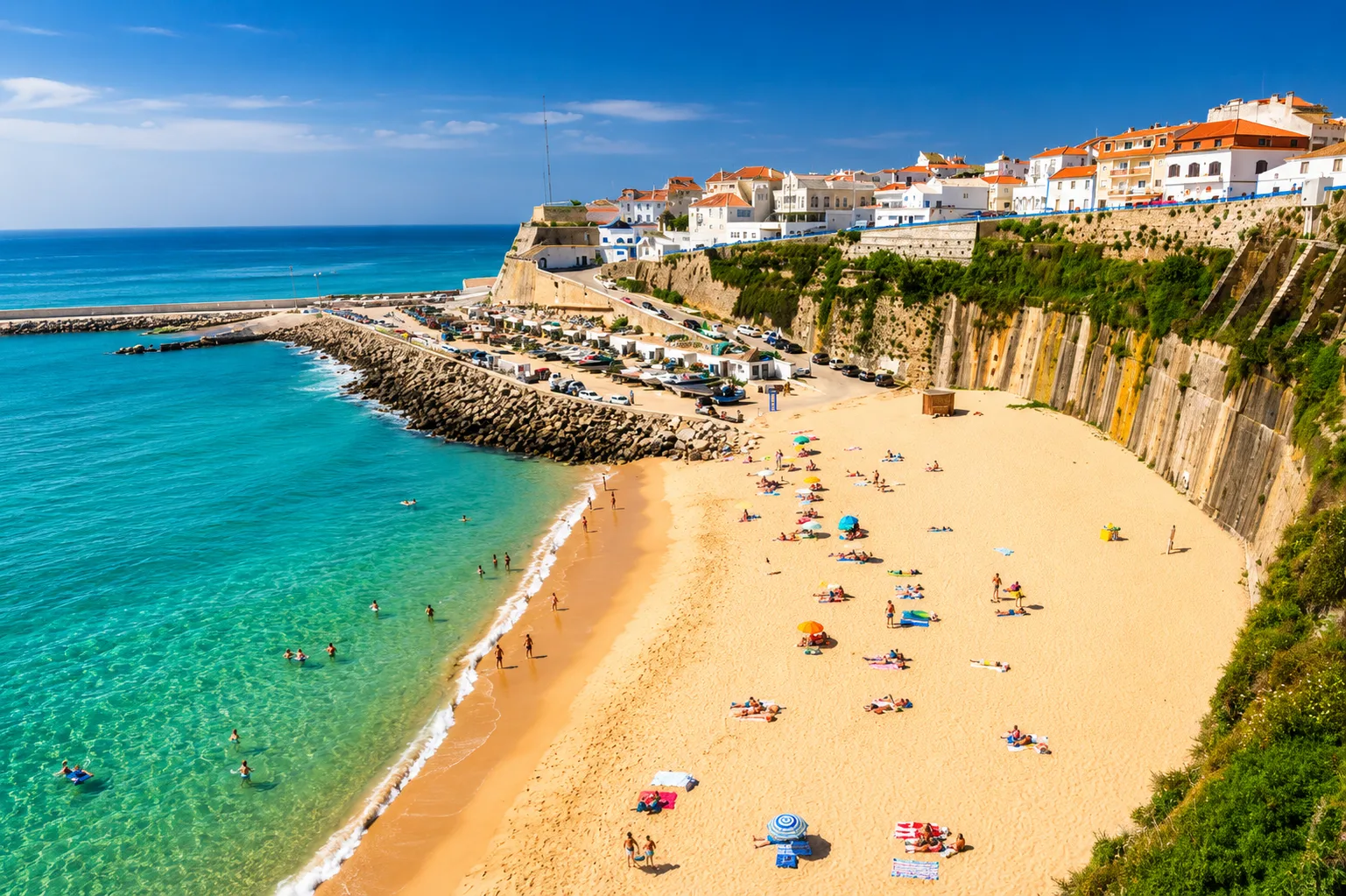 Ericeira town beach with turquoise water