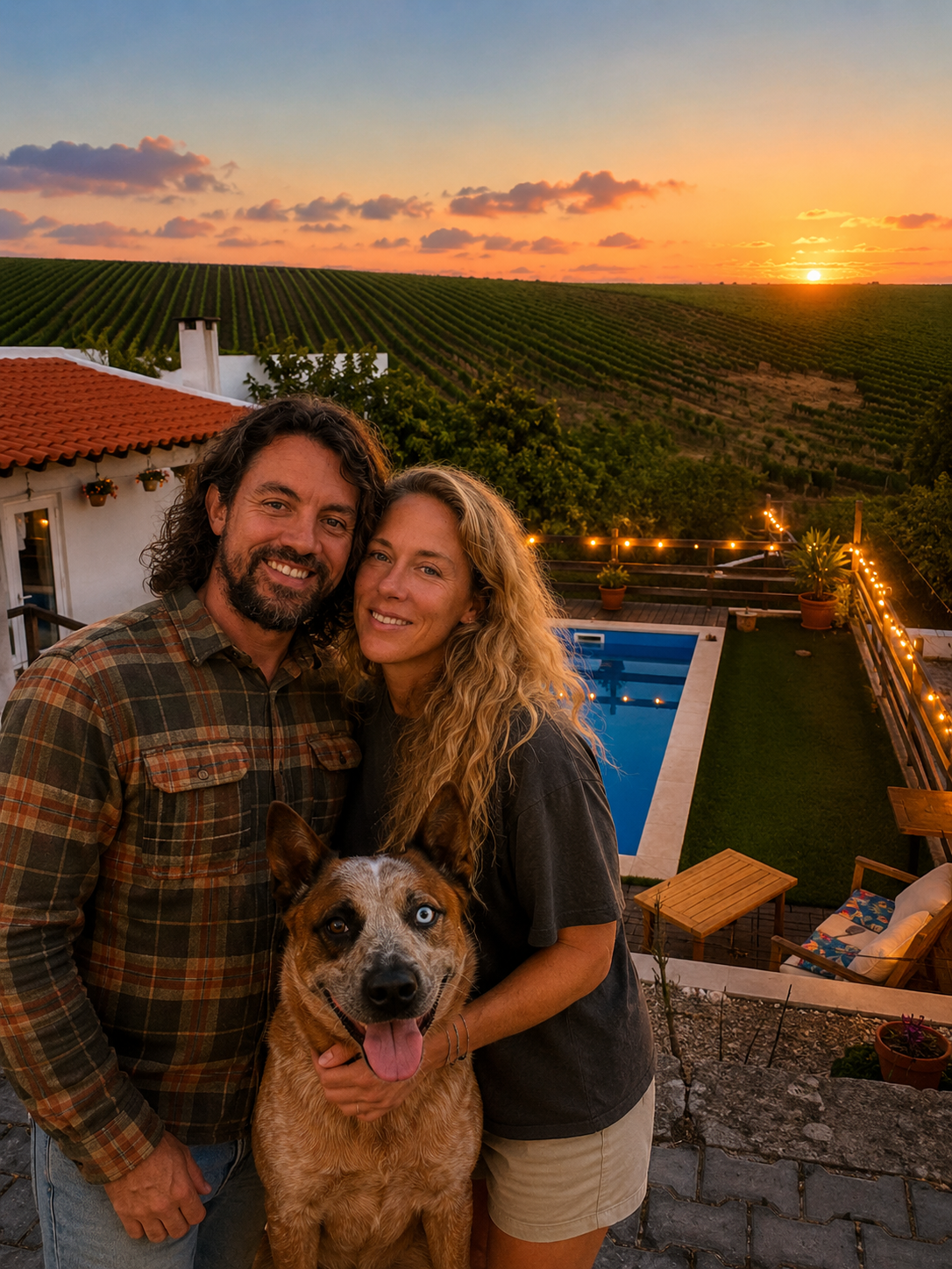 The owners on the deck of the property at golden hour, with their dog Jerry