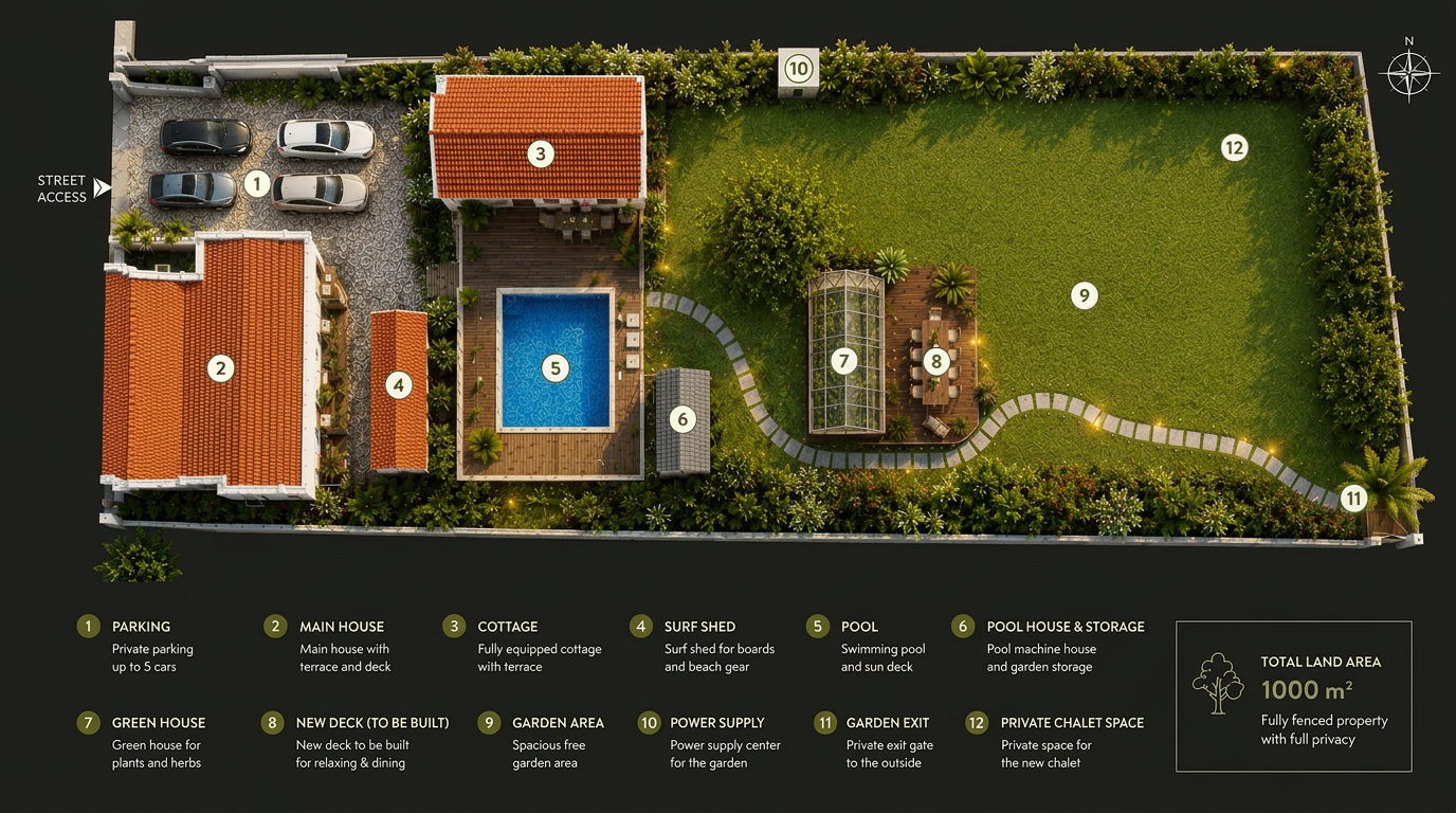 Aerial map of the property with numbered legend of all amenities